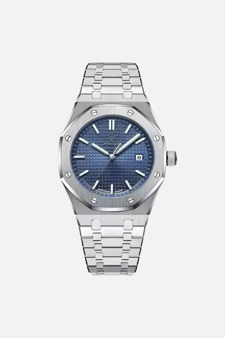Sartorial™ | Poedagar Santorini luxury men's watch with blue textured dial, silver hour markers, and stainless steel bracelet. Ideal for formal wear.