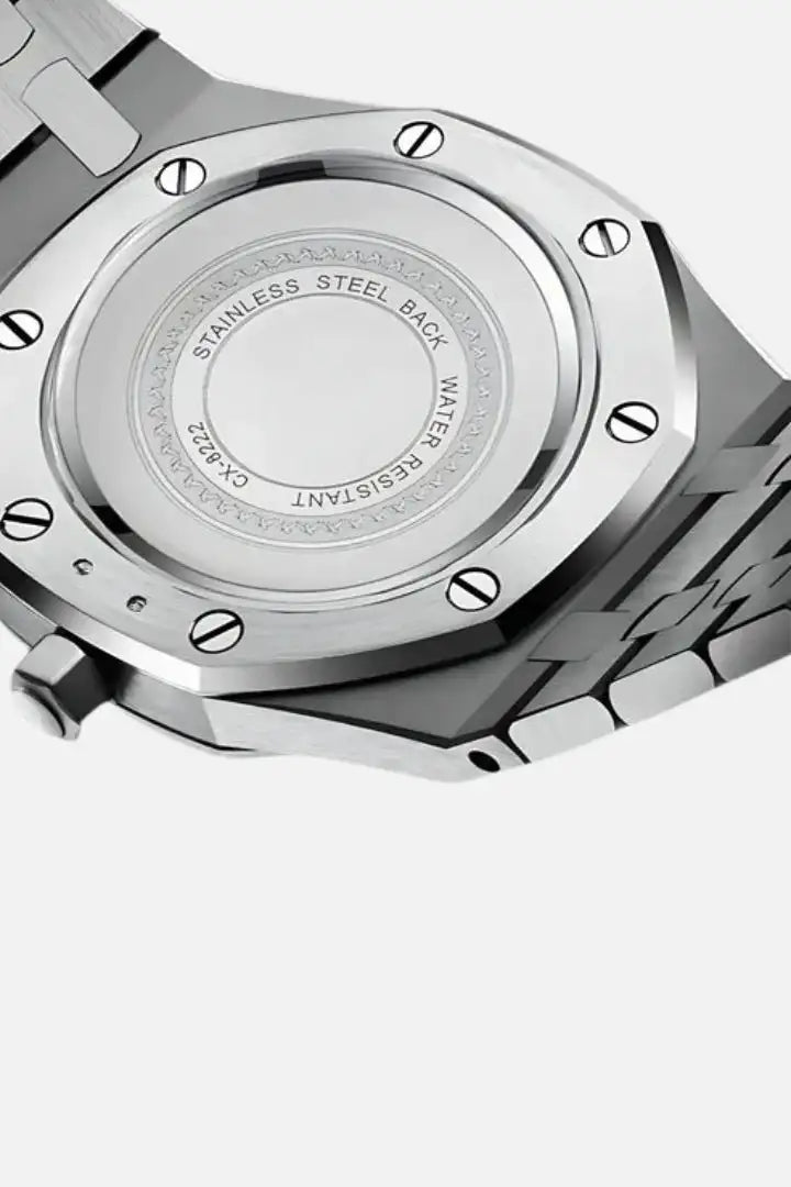 Close-up of Sartorial™ | Poedagar Santorini stainless steel watch back, showcasing water resistance and screw-down case design.