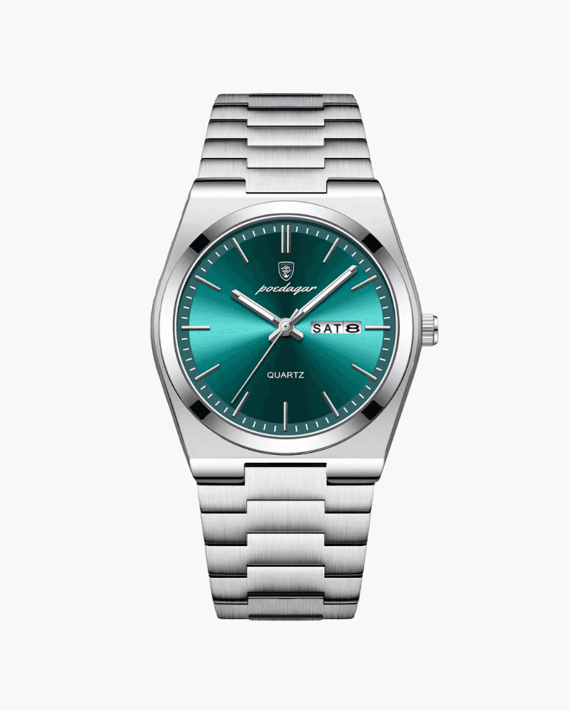 Sartorial™ | Poedagar Venice men's quartz watch with teal sunburst dial, silver stainless steel bracelet, and day-date display at 3 o'clock.