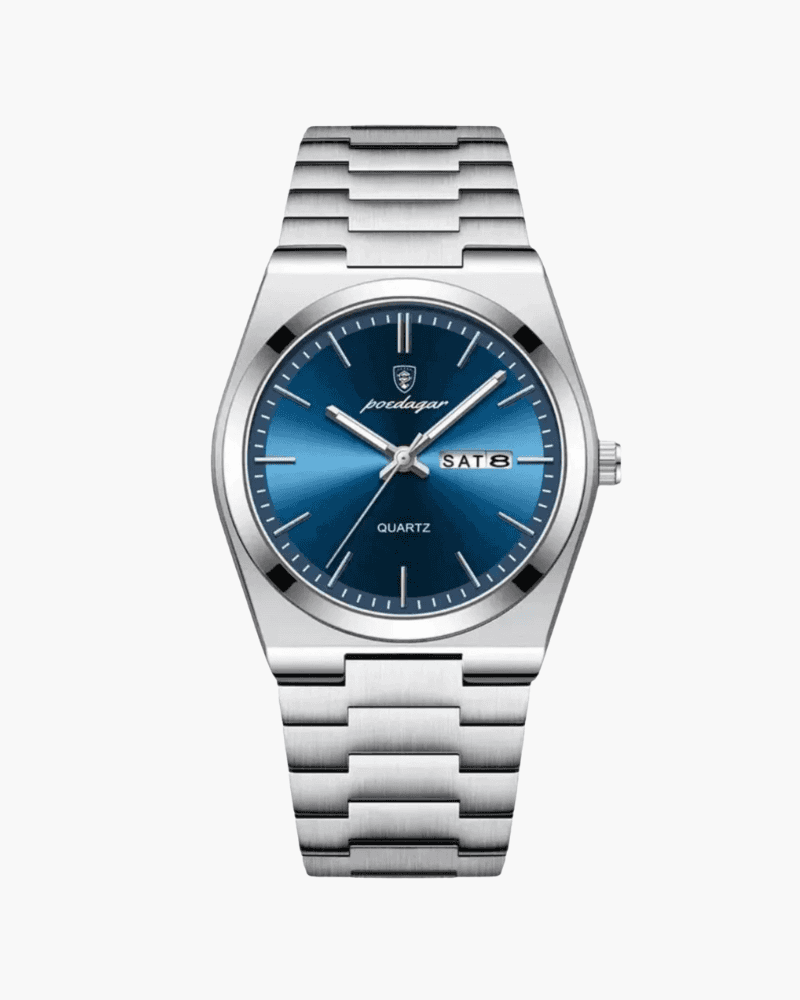 Sartorial™ | Poedagar Venice men's quartz watch with a blue dial, silver hour markers, and stainless steel bracelet. Features day and date display.
