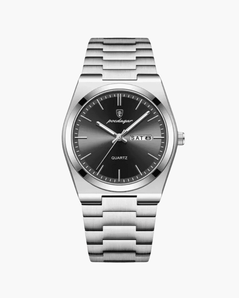 Sartorial™ | Poedagar Venice men's quartz watch with black dial, silver stainless steel band, and day-date display, ideal for formal wear.
