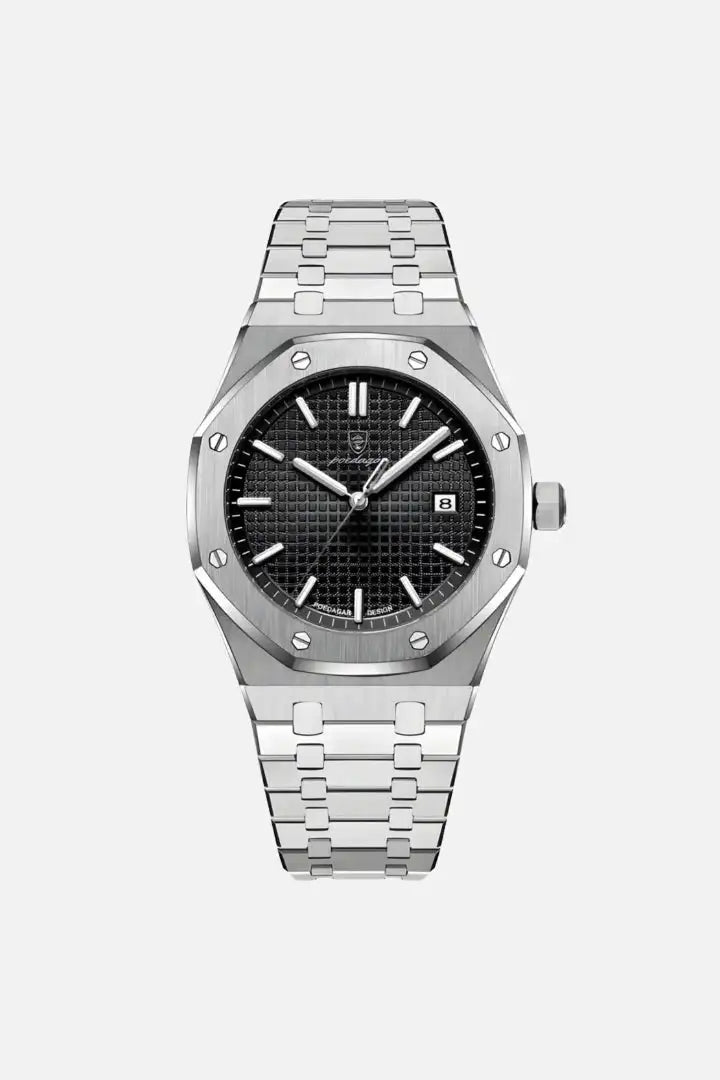 Sartorial™ | Poedagar Santorini luxury men's watch with black textured dial, silver hour markers, and stainless steel bracelet. Ideal for formal wear.