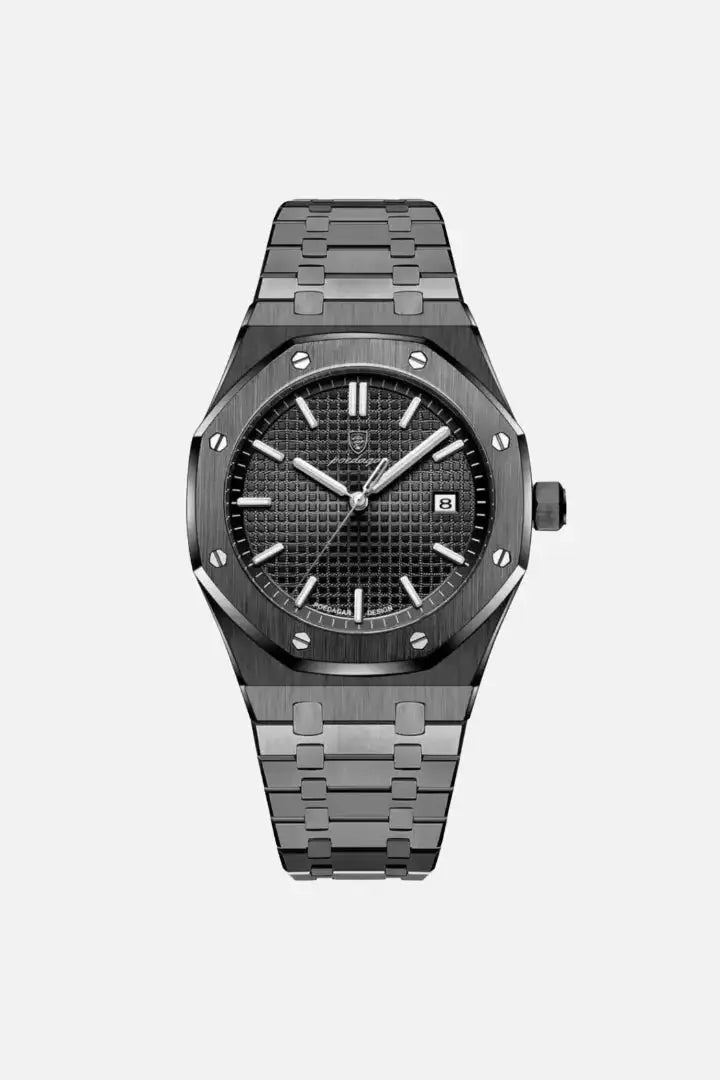 Sartorial™ | Poedagar Santorini luxury men's watch featuring a black stainless steel band and textured black dial with date display, ideal for formal wear.