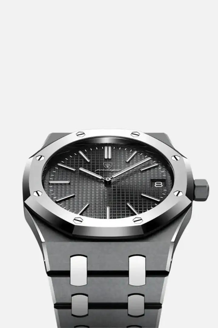 Sartorial™ | Poedagar Santorini luxury men's watch featuring a stainless steel case, black textured dial, and silver hour markers. Ideal for formal wear.