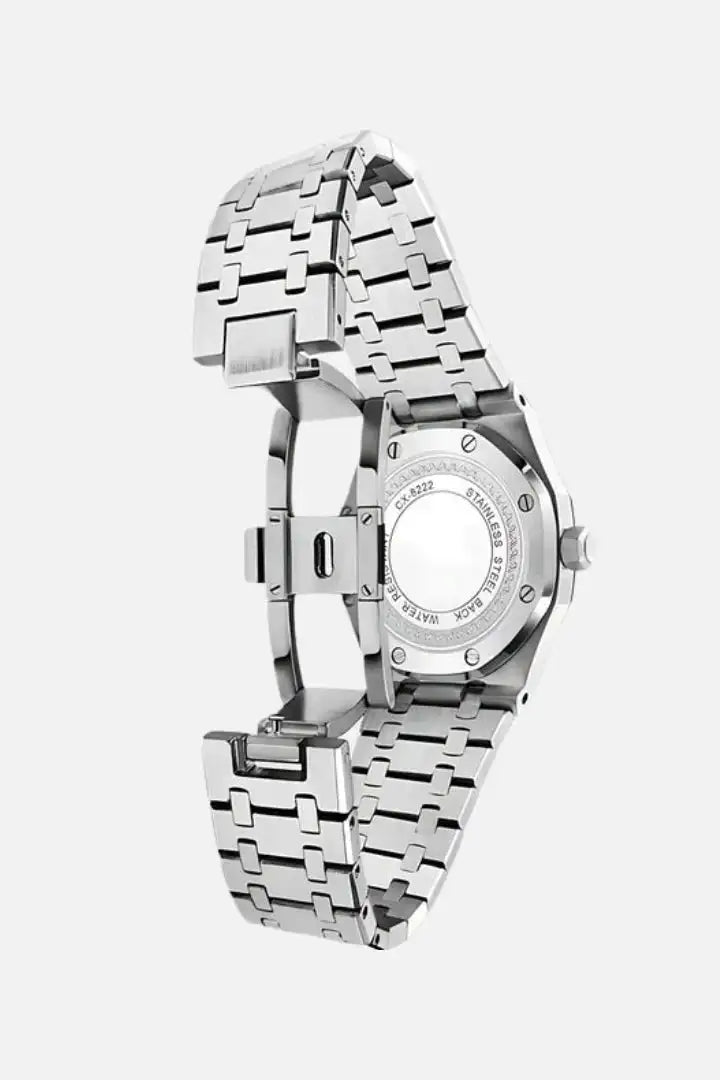 Sartorial™ | Poedagar Santorini luxury watch featuring a stainless steel bracelet and secure clasp, shown from the back to highlight craftsmanship.