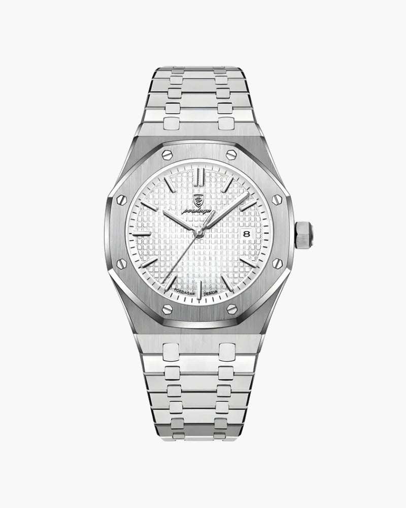 Sartorial™ | Poedagar Santorini luxury men's silver stainless steel watch with white textured dial and date display, ideal for formal wear.