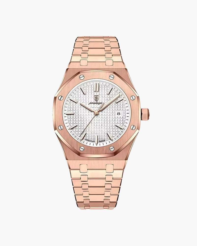 Sartorial™ | Poedagar Santorini luxury rose gold wristwatch with silver textured dial and date display, ideal for elegant men's fashion.