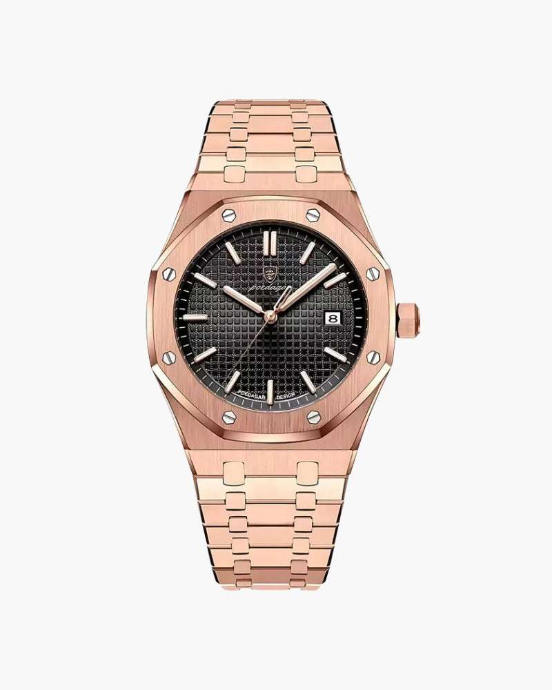 Sartorial™ | Poedagar Santorini luxury men's watch in rose gold with black textured dial and date display, ideal for formal and upscale wear.