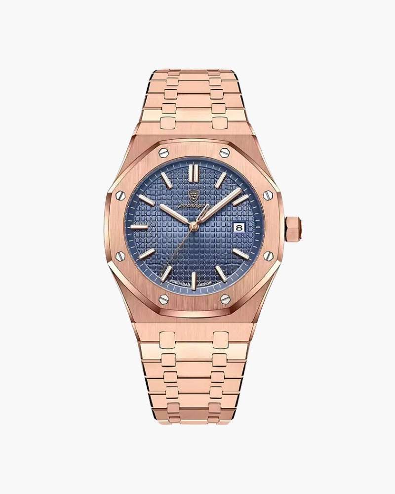 Sartorial™ | Poedagar Santorini luxury men's watch with rose gold stainless steel band and blue textured dial, ideal for formal wear.