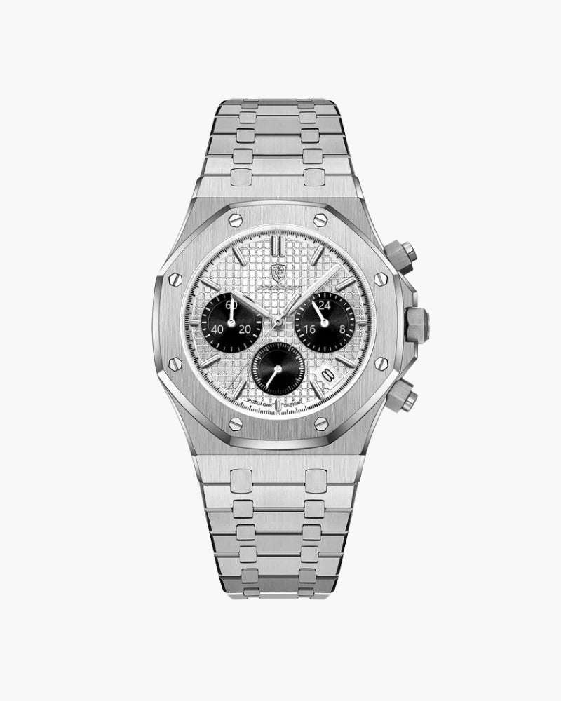 Sartorial™ | Poedagar Milano luxury men's chronograph watch with silver stainless steel band and black subdials. Premium timepiece for formal wear.