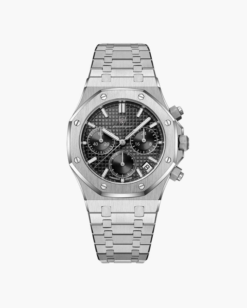 Sartorial™ | Poedagar Milano luxury chronograph watch with stainless steel bracelet and black textured dial, ideal for premium men's fashion.